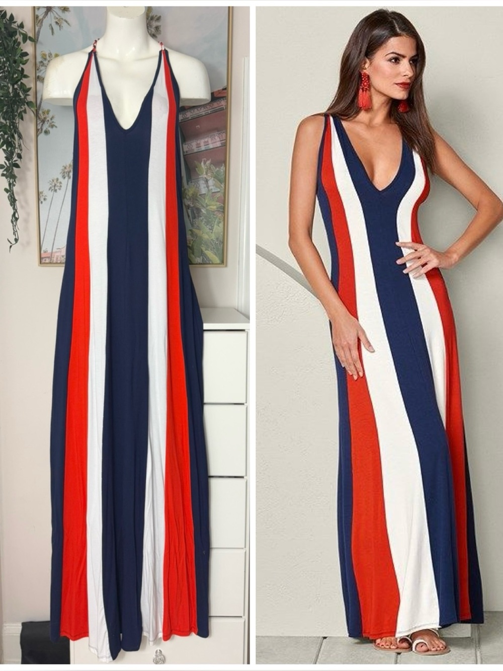 Venus Color Block Maxi Dress XL Red White Navy Blue Stripe Criss Cross Back NWOT